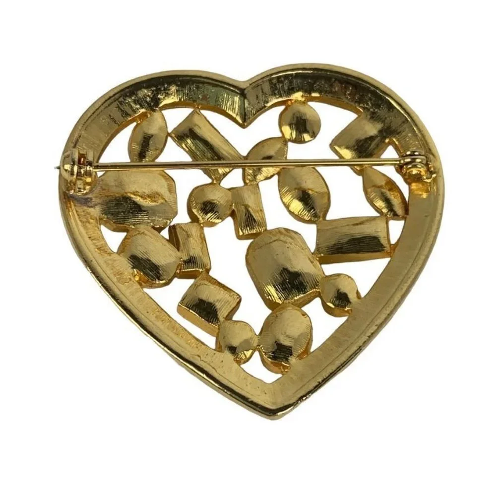 Colorful Enameled Geometric‎ Design Heart Shaped Brooch Pin Gold Tone Rainbow